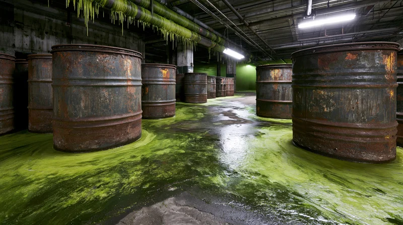 Rusted metal barrels in a dimly lit abandoned warehouse with green slime covering the floor and dripping from pipes