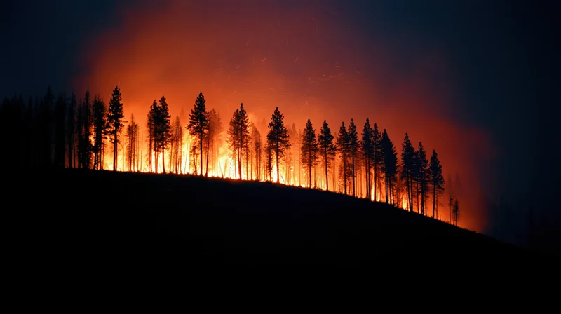 Wildfire burning through pine forest at night, silhouetting trees against flames on a hillside