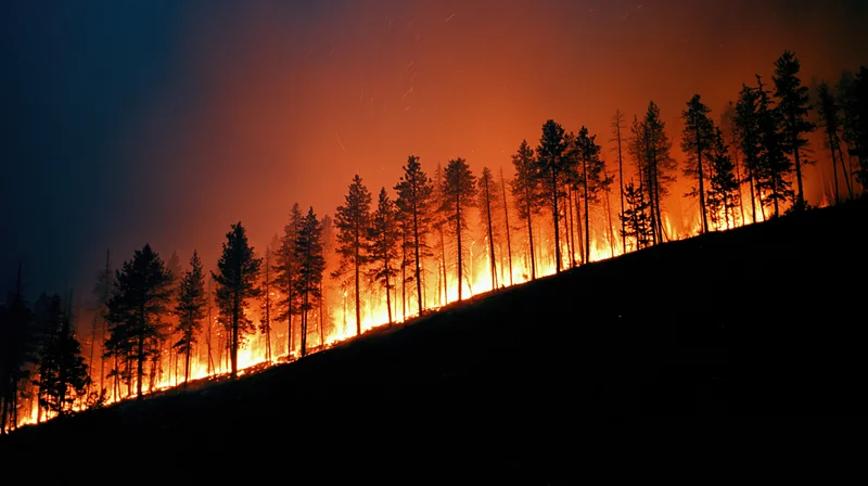 Wildfire burning through pine forest at night on a hillside