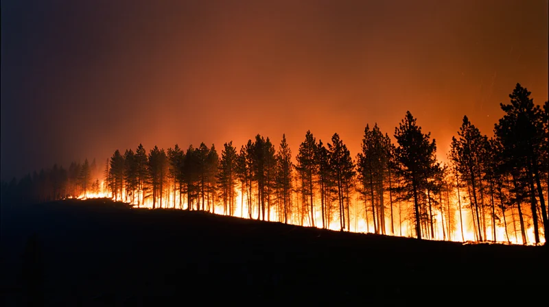 Wildfire burning through pine forest at night, silhouetting trees against orange flames on a hillside