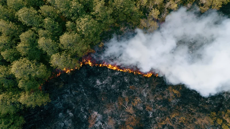 Aerial view of wildfire burning through forest canopy with smoke rising
