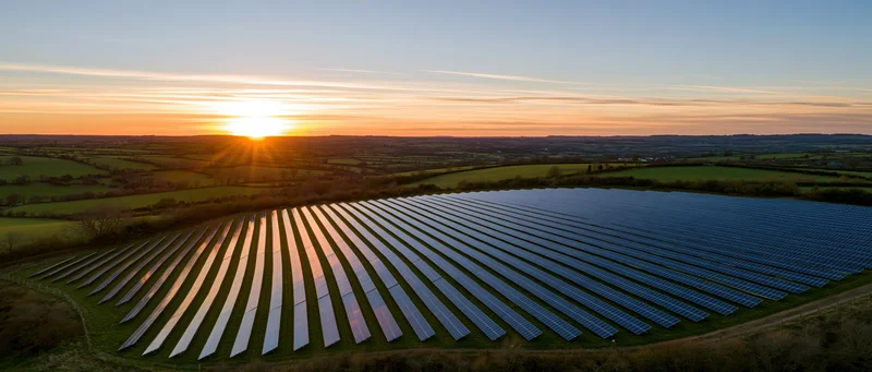 Aerial view of solar panels arranged in rows across a rural field at sunset
