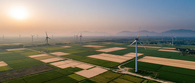 Aerial view of wind turbines scattered across patchwork farmland at sunset