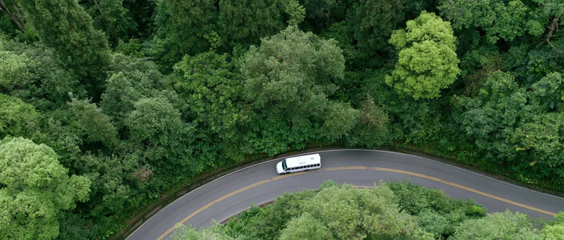 White minibus driving along winding road through dense green forest from aerial view