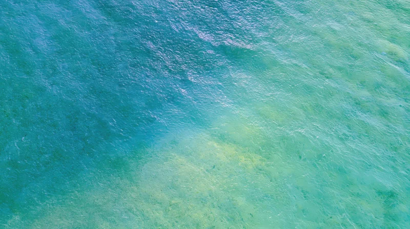 Aerial top-down view of shallow tropical water over sandy seabed