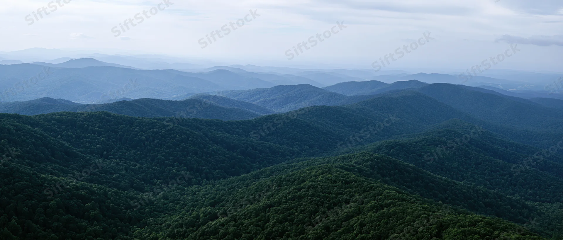 Aerial view of dense green forested mountains stretching into the distance under an overcast sky