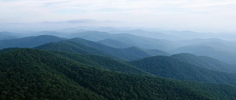 Aerial view of dense green forested mountains stretching into the distance under a hazy sky
