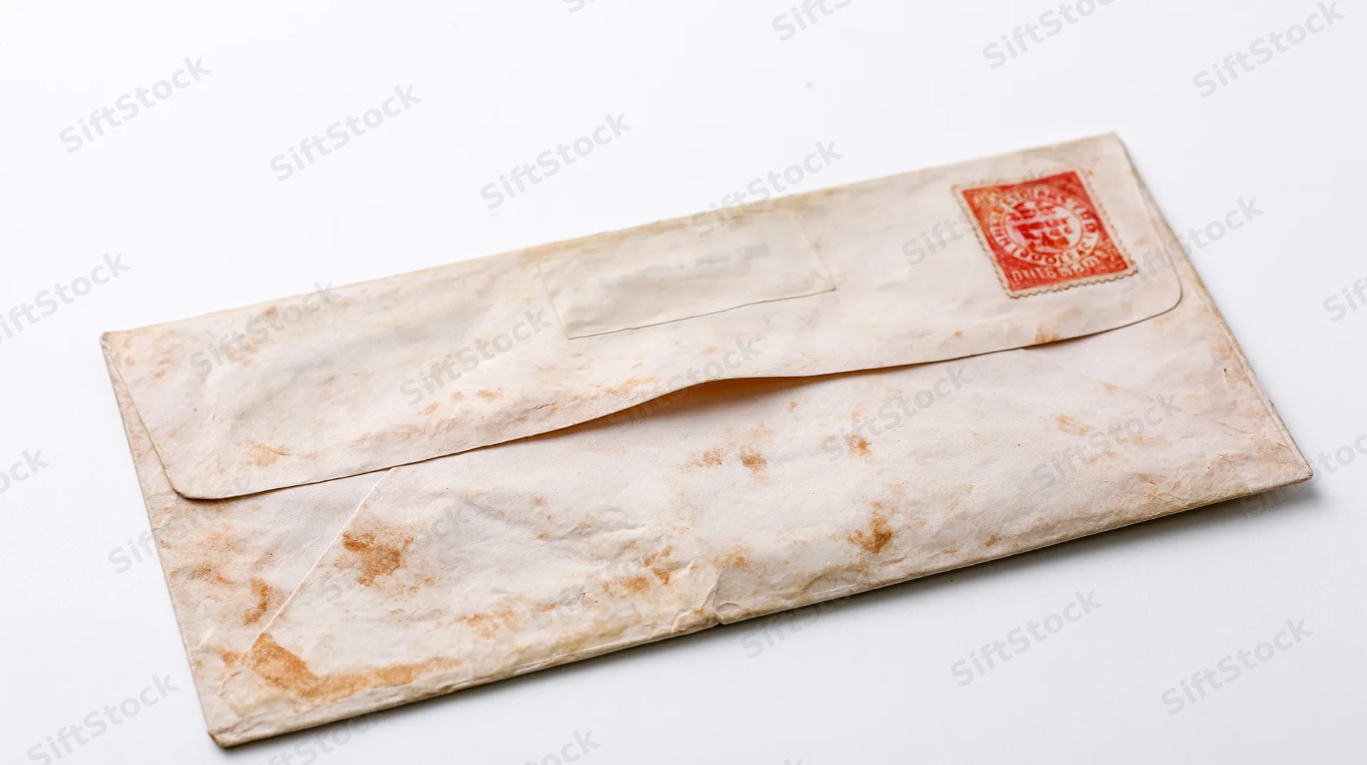 Aged paper envelope with red postage stamp lying flat on white surface