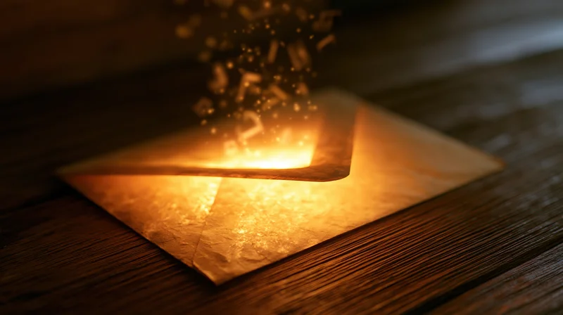 Open envelope glowing with light and floating particles on dark wooden table