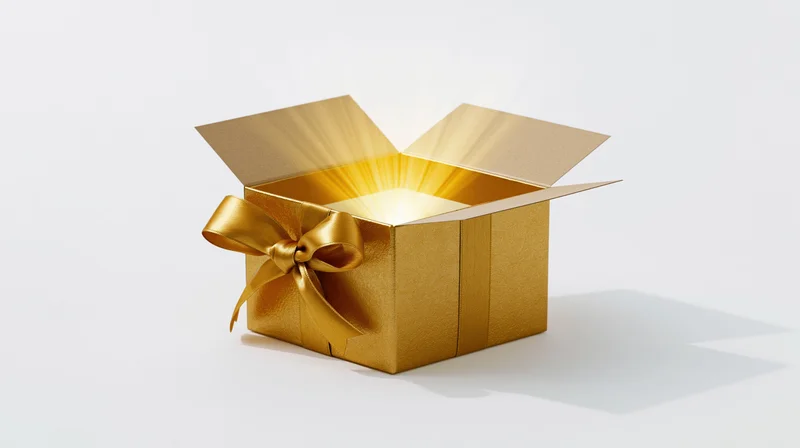 Open golden gift box with glowing light rays bursting from inside on white background