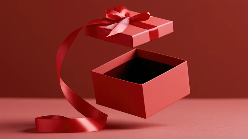 Open red gift box with lid hovering above satin ribbon on a matching surface