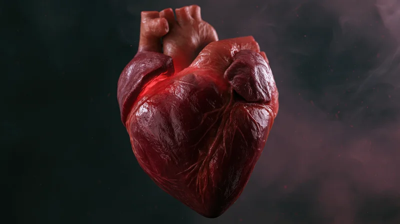 Anatomical human heart model floating against dark smoky background