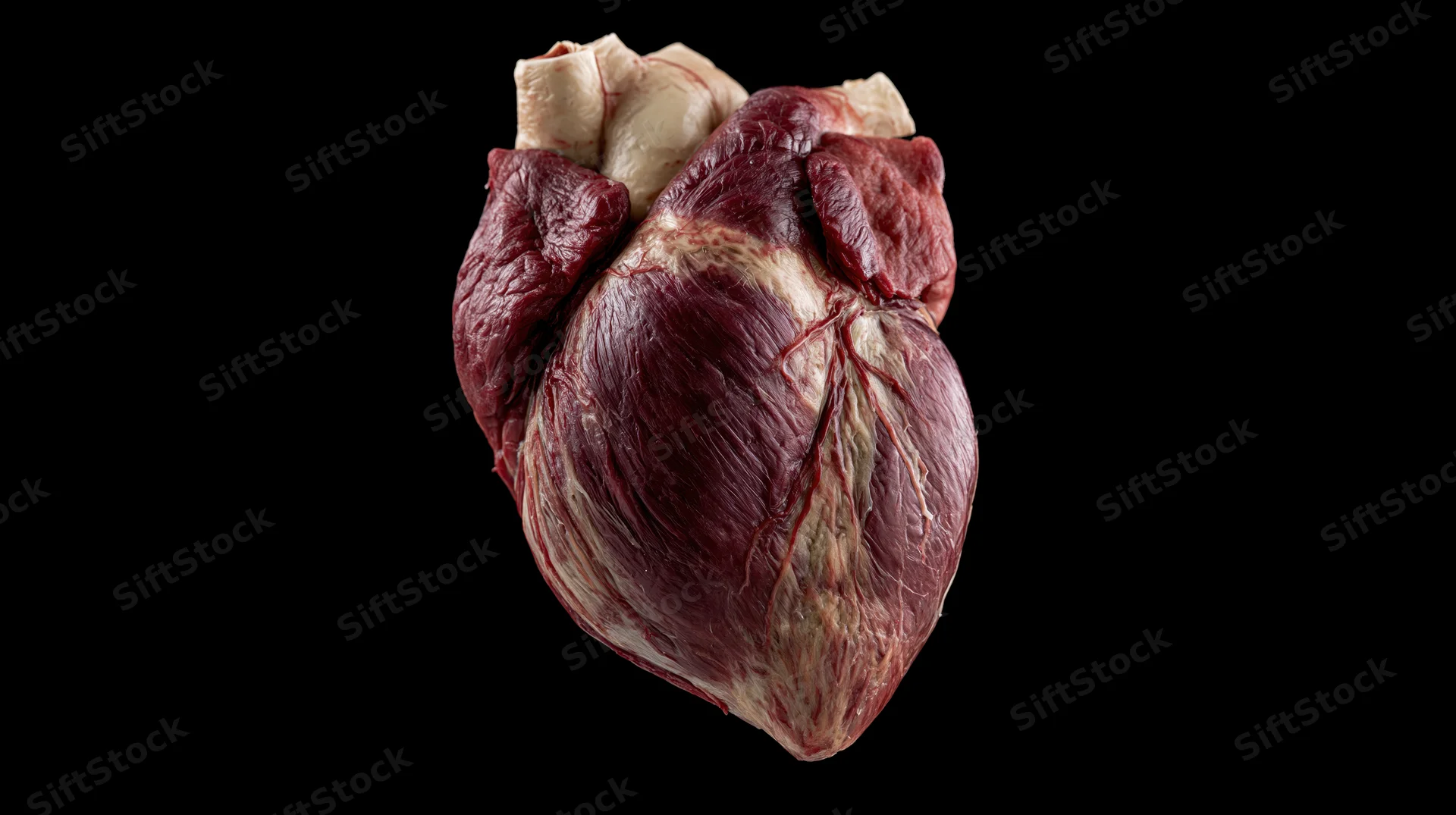Anatomical human heart specimen isolated against black background