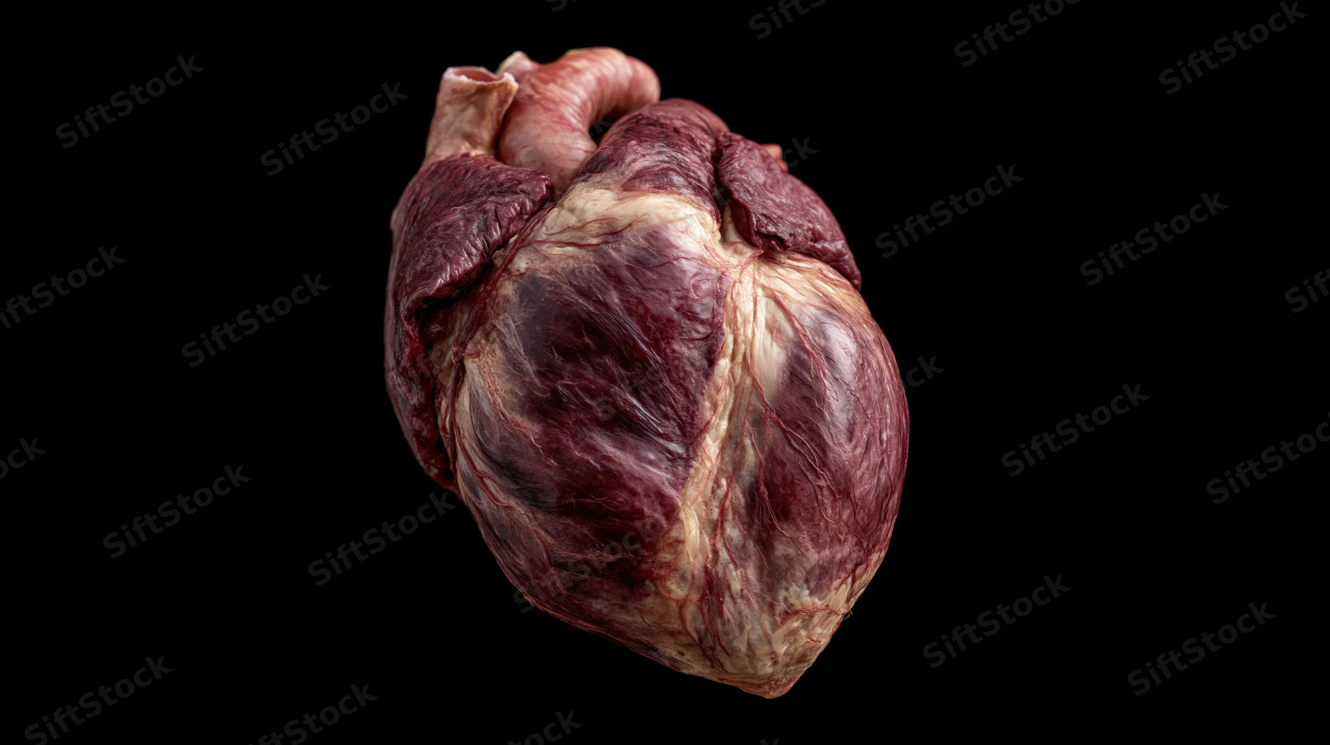 Anatomical human heart specimen isolated against black background