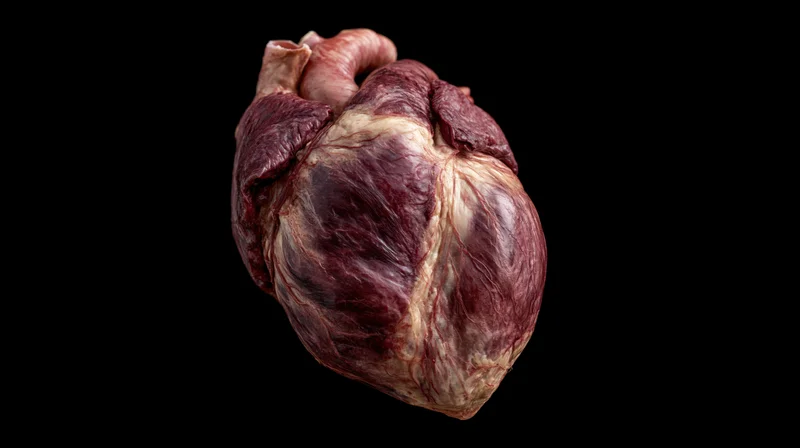 Anatomical human heart specimen isolated against black background