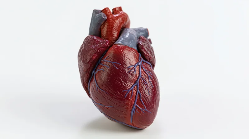 Anatomical model of a human heart displayed upright against a white background