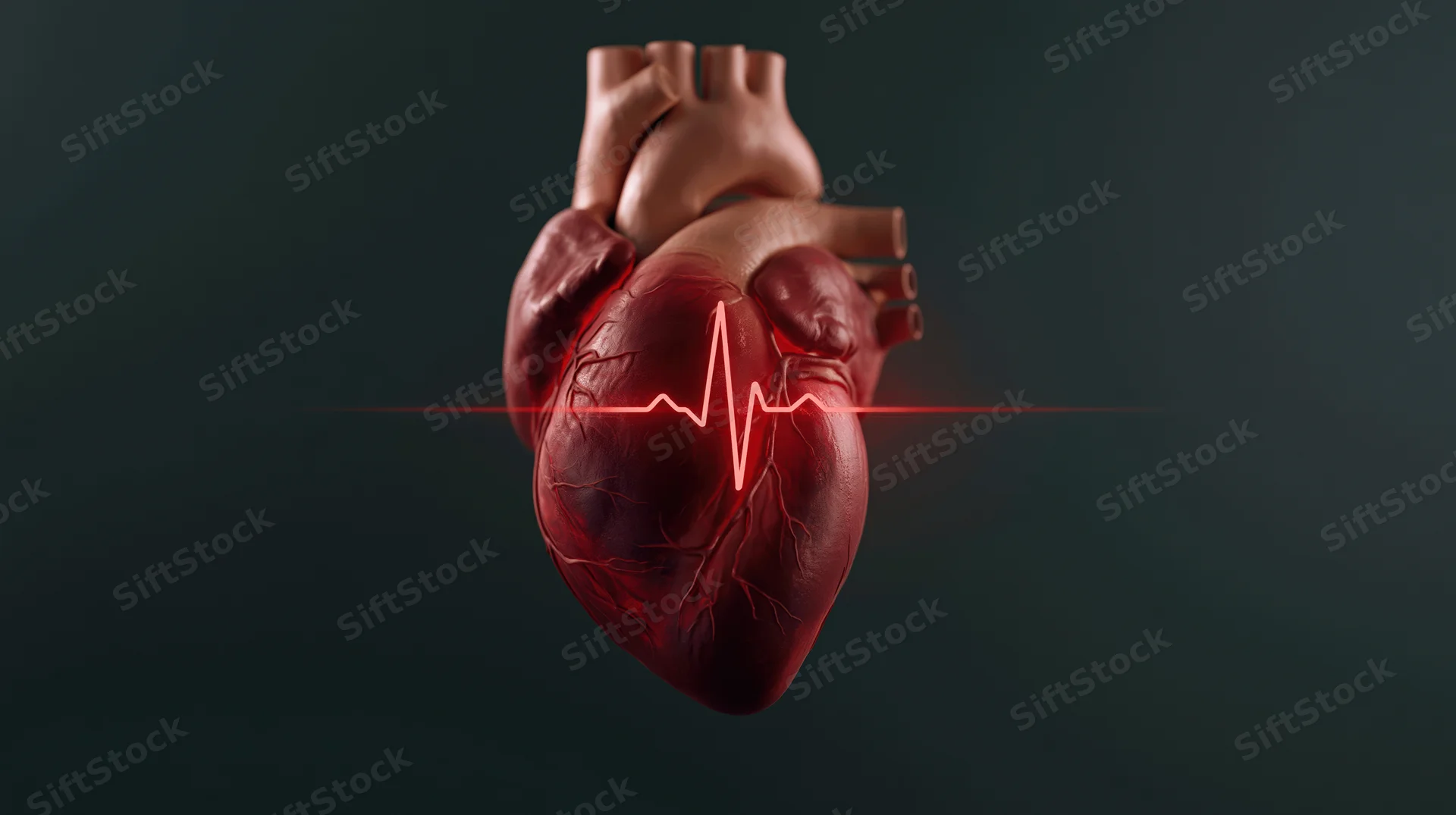 Anatomically detailed human heart floating with glowing ekg line across center