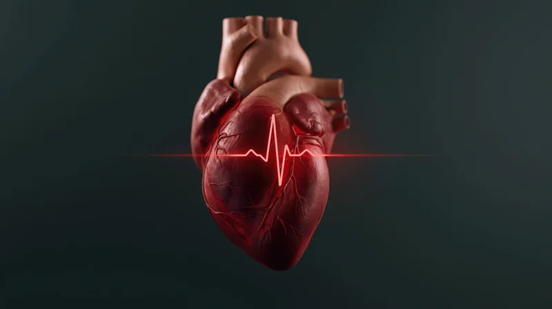 Anatomically detailed human heart floating with glowing ekg line across center