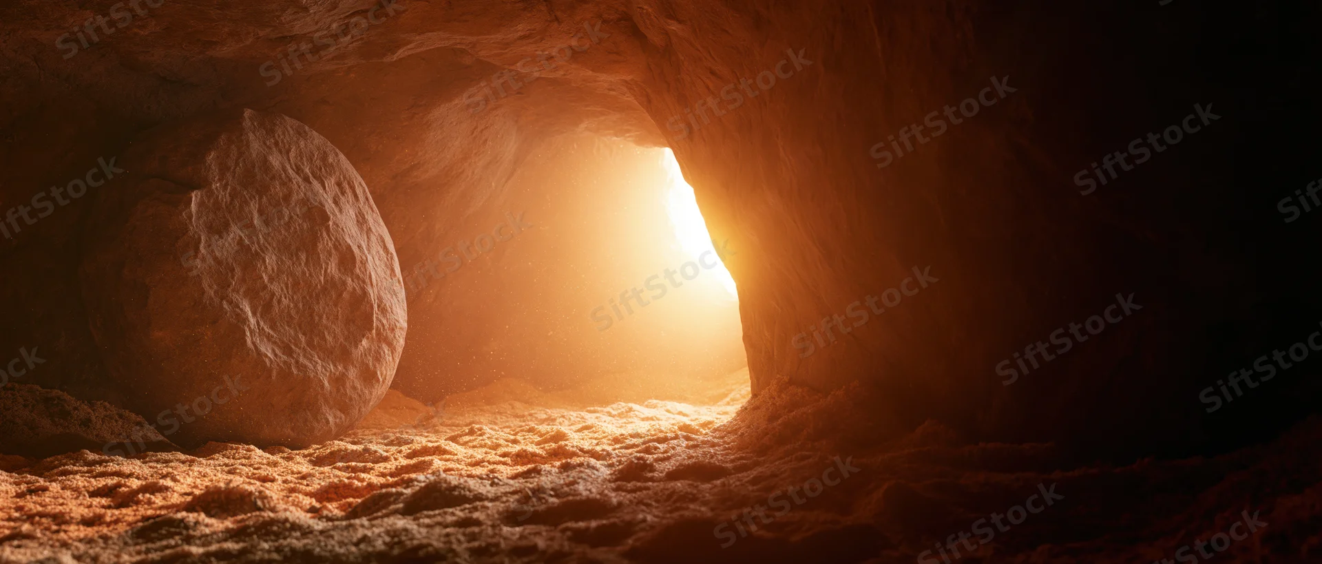 Ancient tomb entrance with large round stone blocking the doorway, illuminated by sunlight from outside