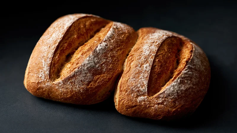 Two artisan bread loaves arranged to form the letter B on a dark surface