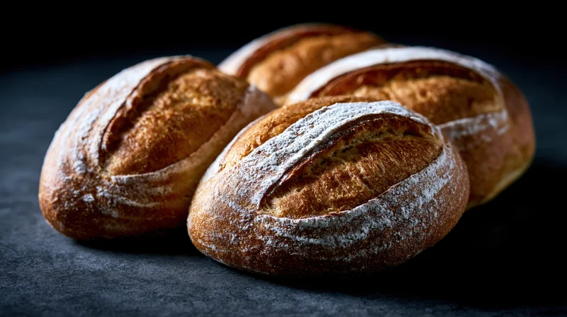 Artisan bread loaves arranged to form the letter B on a dark surface