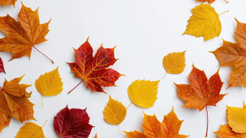 Autumn leaves scattered across white surface in flat lay arrangement