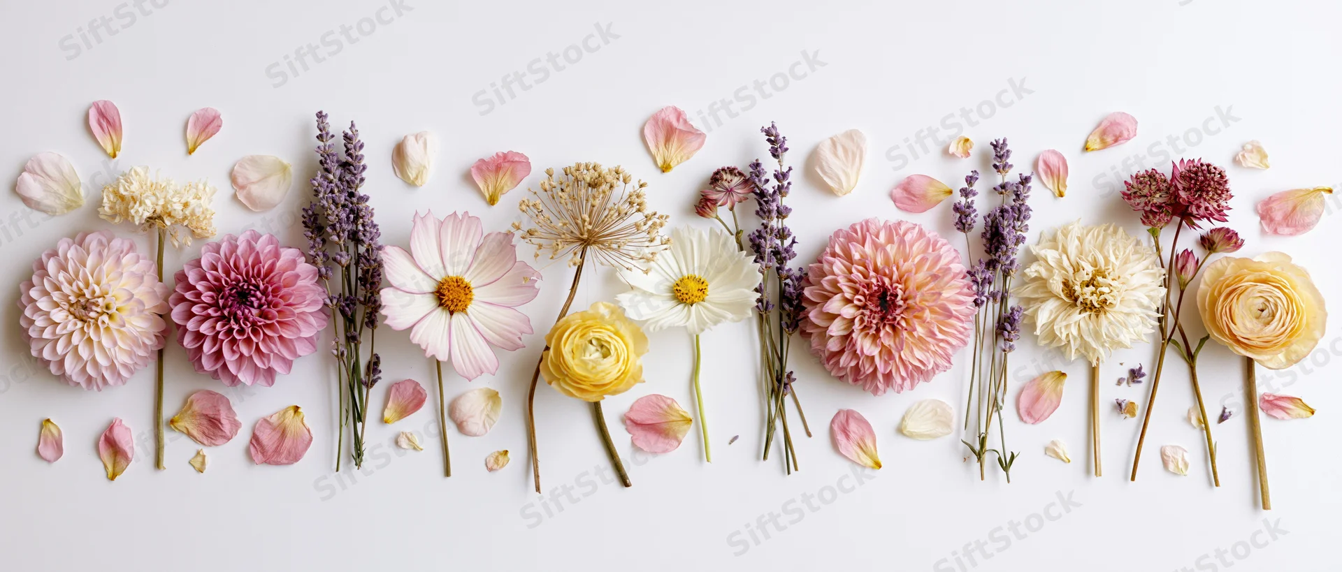 Assorted flowers arranged horizontally on white surface with scattered petals