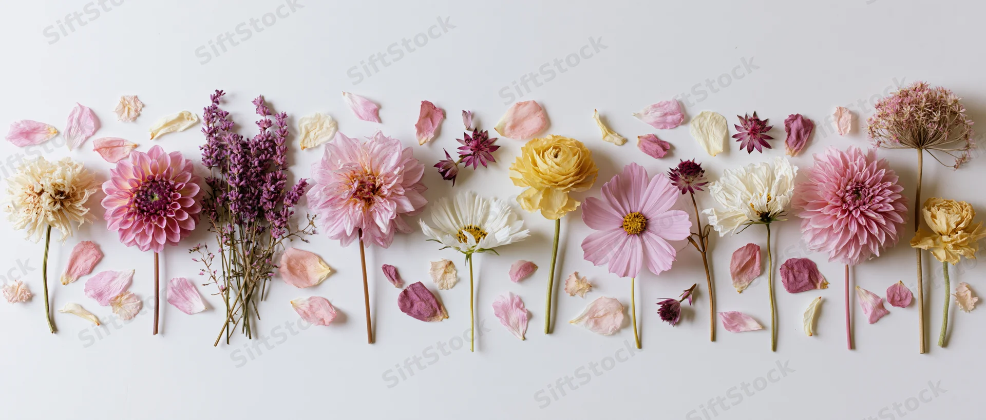 Assorted flowers and petals arranged in a horizontal line on a white surface