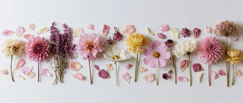 Assorted flowers and petals arranged in a horizontal line on a white surface