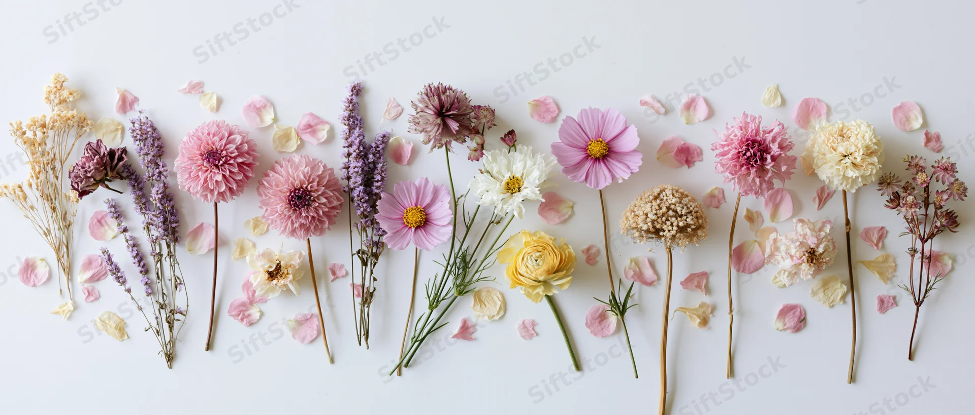 Assorted dried and fresh flowers arranged in a loose horizontal line on white background