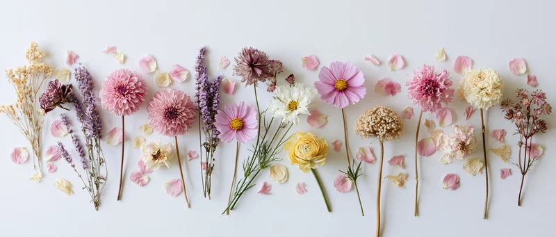 Assorted dried and fresh flowers arranged in a loose horizontal line on white background