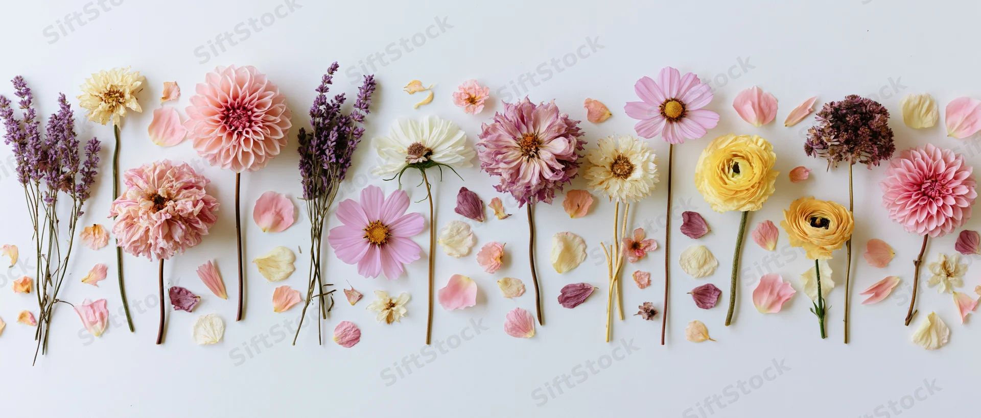 Assorted flowers and petals arranged in a horizontal line on a white surface