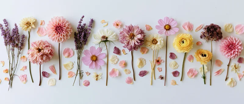 Assorted flowers and petals arranged in a horizontal line on a white surface