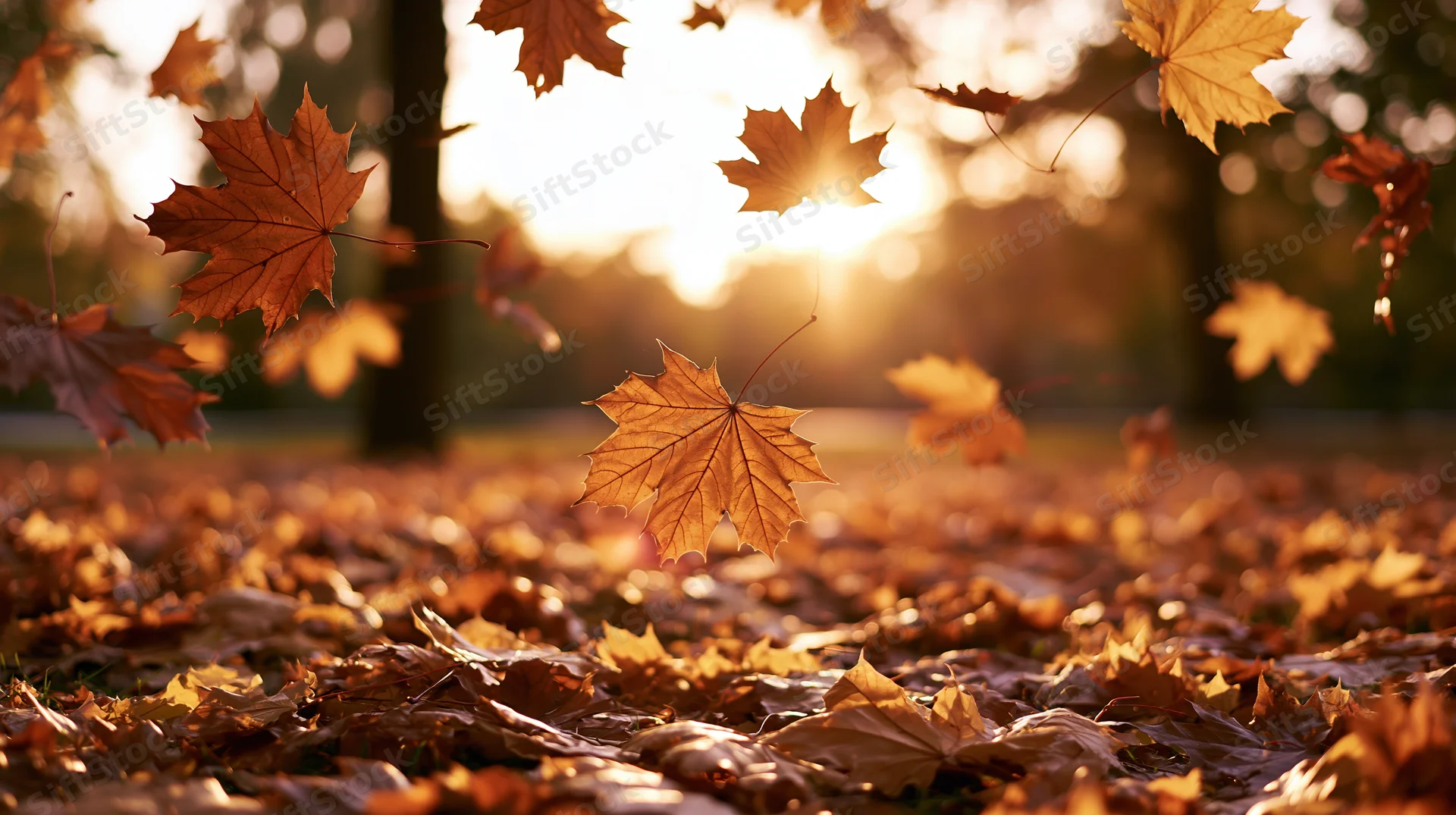 Maple leaves falling and swirling in a park at sunset, carpeting the ground with golden autumn foliage