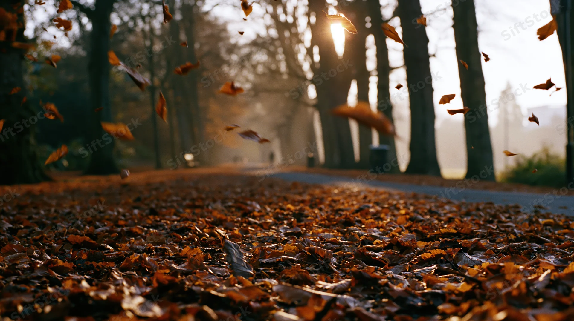 Falling autumn leaves swirling in mid-air along a tree-lined park pathway at golden hour