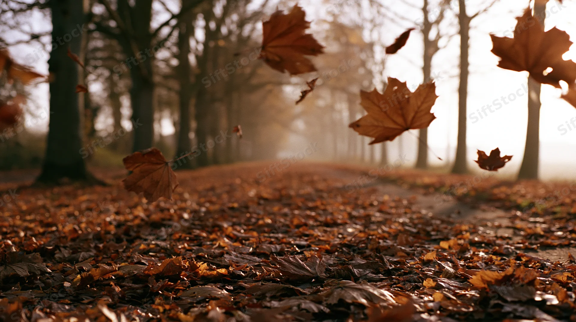 Autumn leaves falling mid-air along a tree-lined path in a misty forest