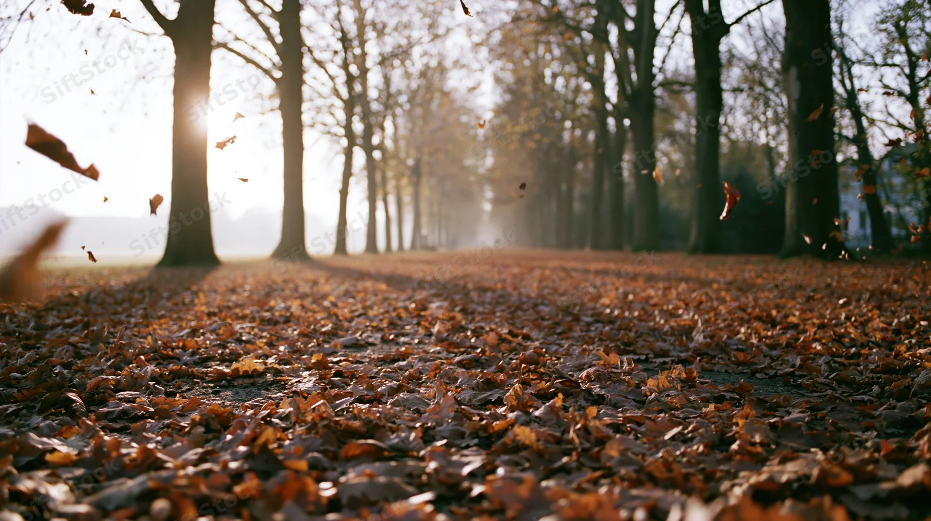 Falling autumn leaves along a tree-lined path in a forest at sunrise