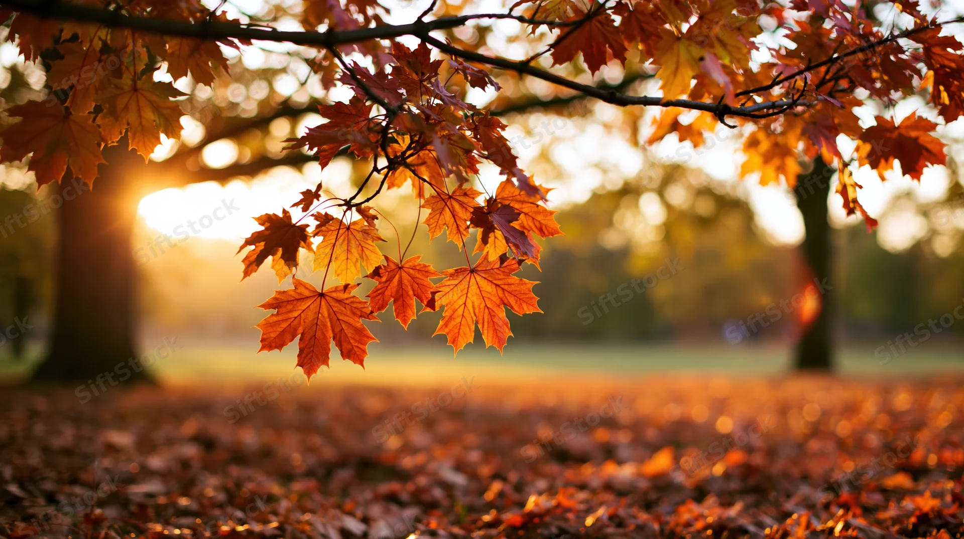 Maple branches with autumn leaves in a park clearing at sunset