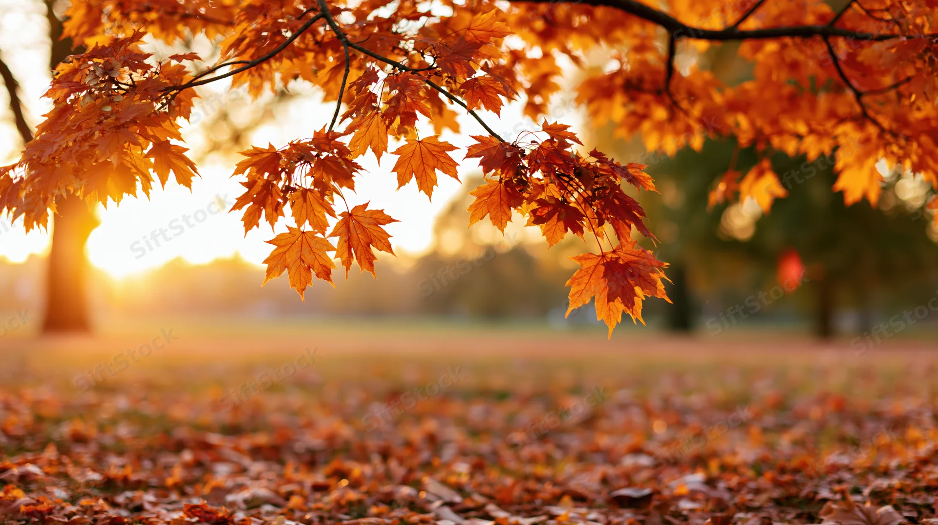 Maple branches with orange leaves hanging over a carpet of fallen foliage in a park clearing at sunset