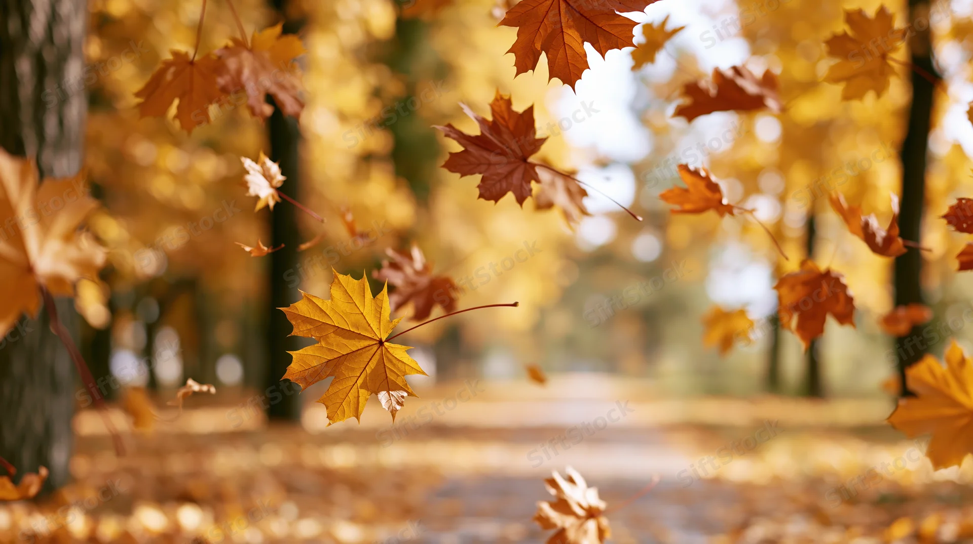 Maple leaves falling through a forest path in autumn