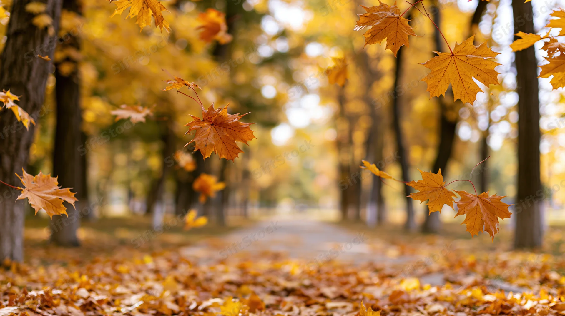 Maple leaves falling mid-air over a pathway in an autumn park