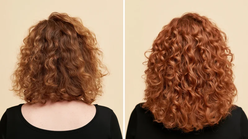 Woman with curly hair shown before and after hair coloring, back view side by side comparison