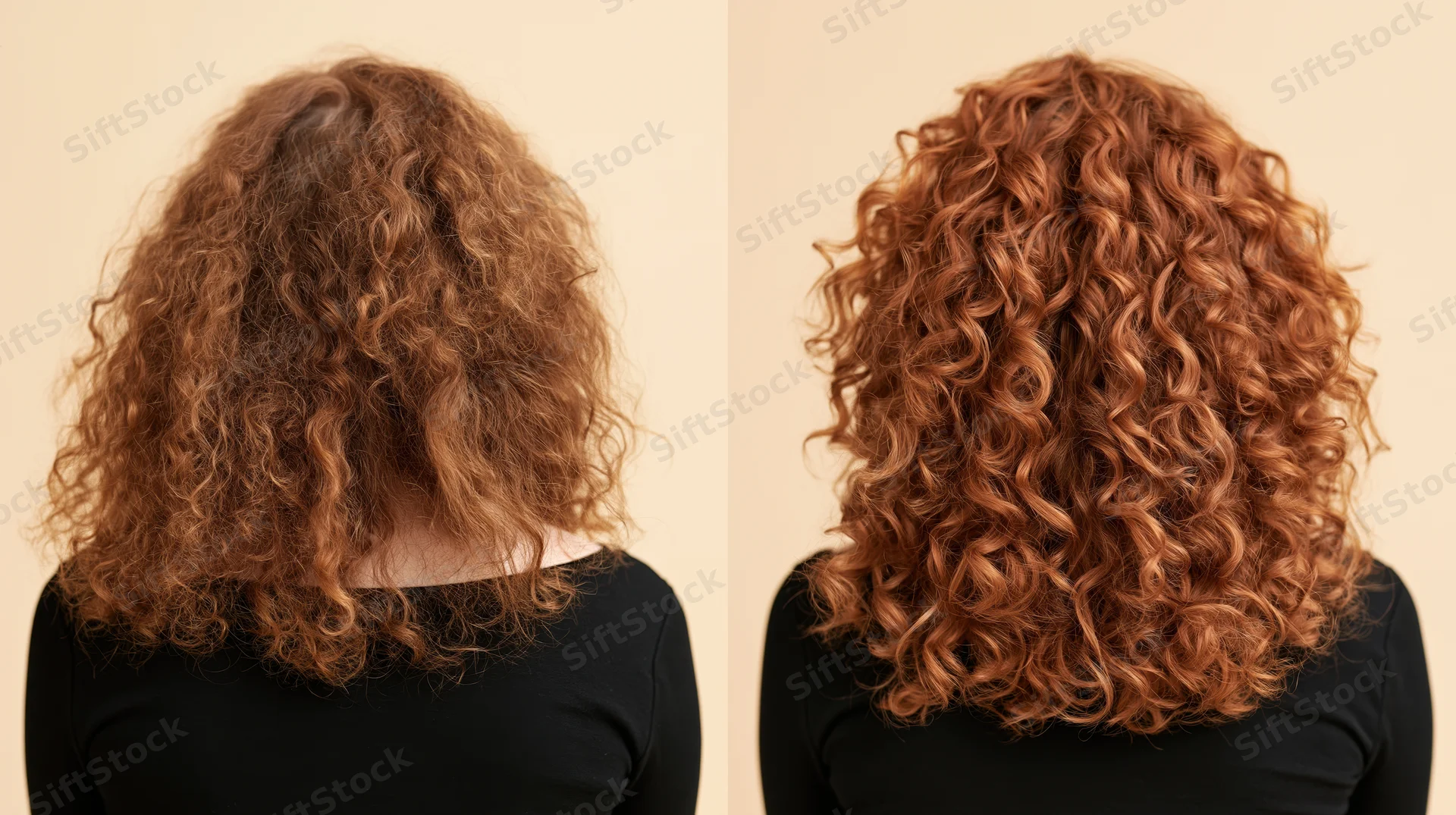 Back view of a woman’s curly hair before and after coloring, showing transformation in color and shine against a beige studio background