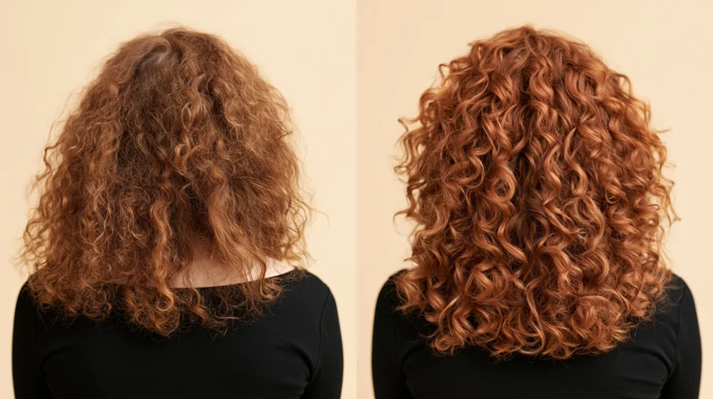 Back view of a woman’s curly hair before and after coloring, showing transformation in color and shine against a beige studio background