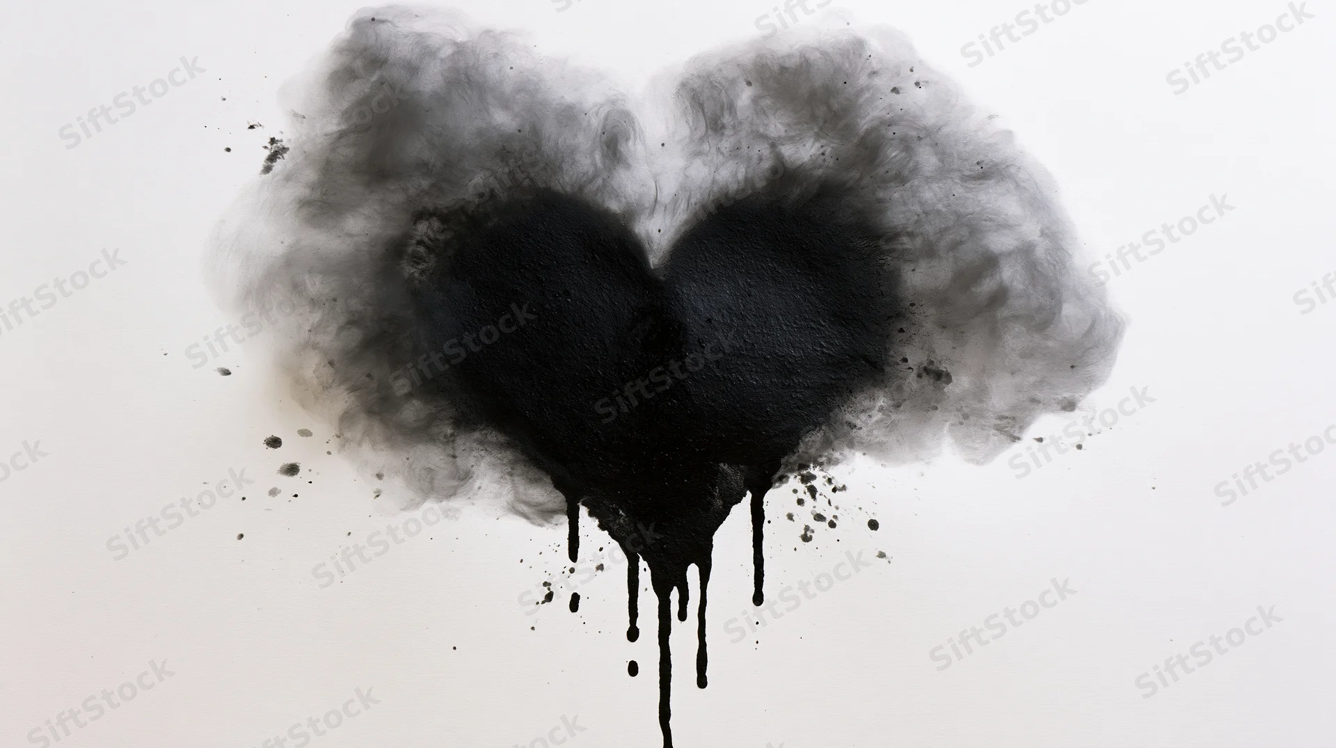 Black ink heart shape bleeding and dripping on white paper