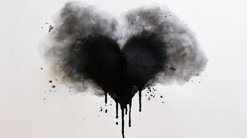 Black ink heart shape bleeding and dripping on white paper