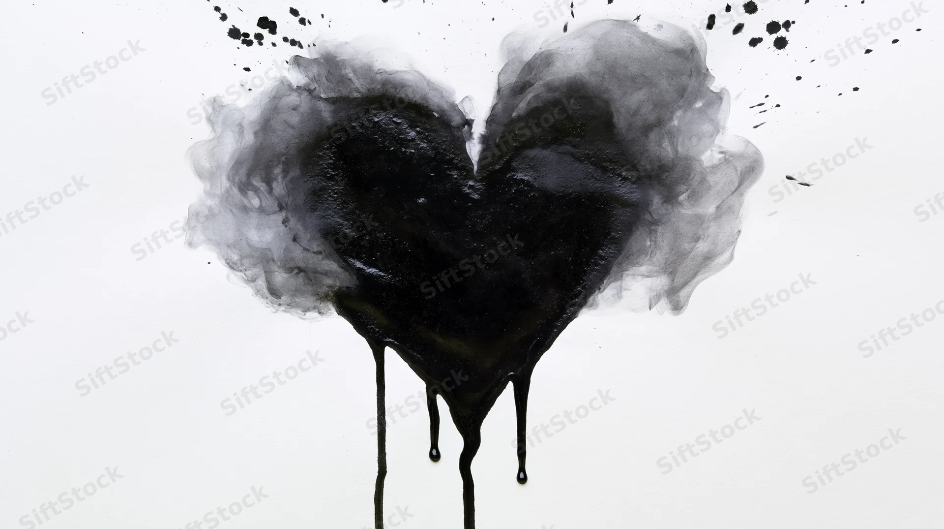 Black ink heart shape bleeding and dripping on white paper