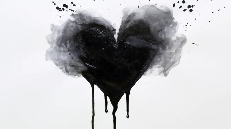 Black ink heart shape bleeding and dripping on white paper