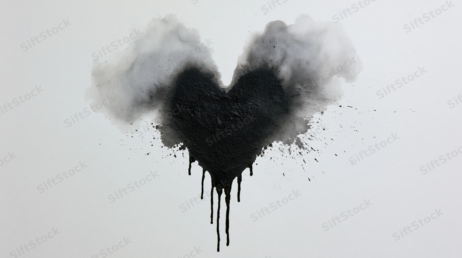 Black ink heart shape bleeding and dripping on white paper