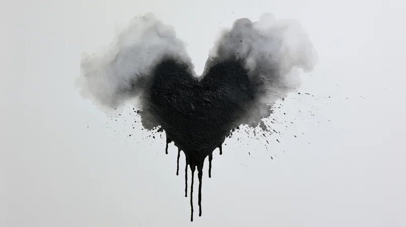 Black ink heart shape bleeding and dripping on white paper